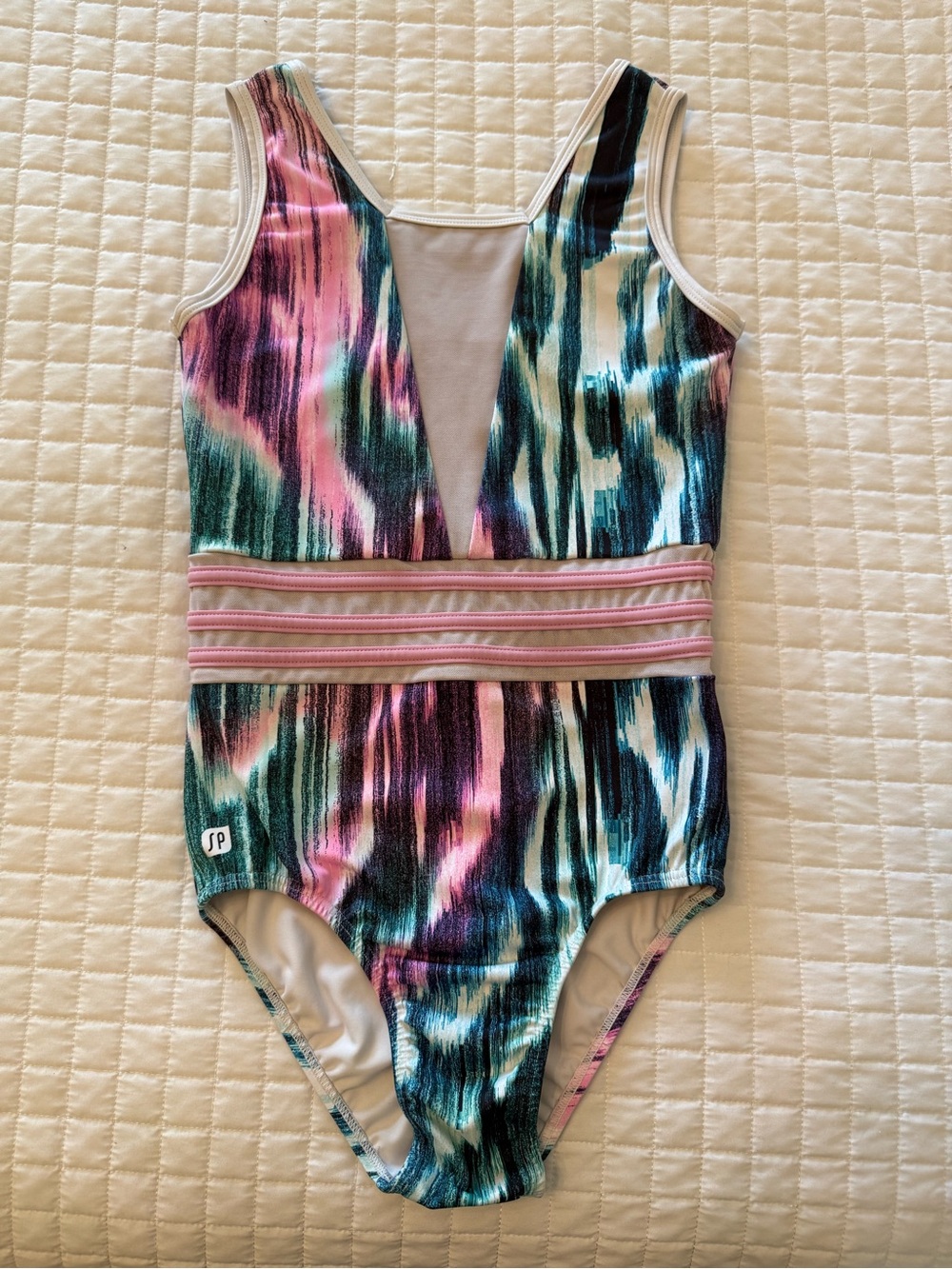 Girls' Pink & Teal Abstract Dance Leotard with Band Waist